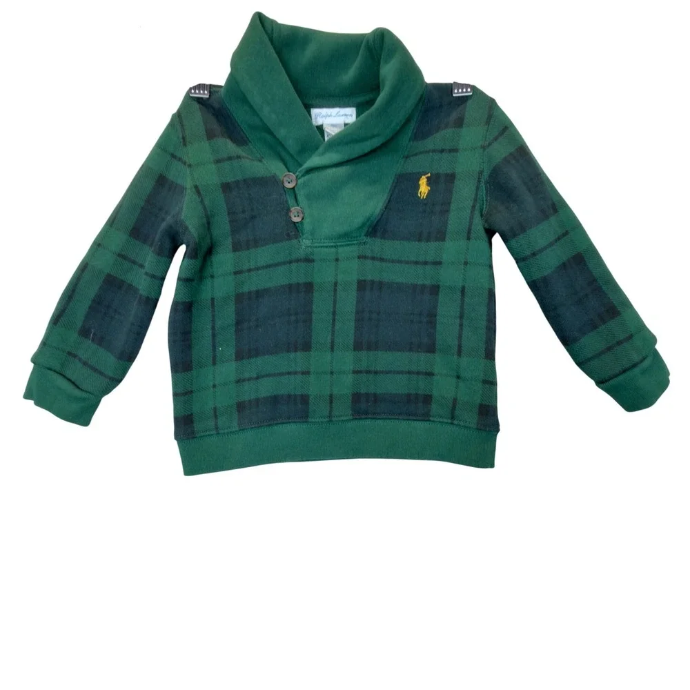 Ralph Lauren Toddler Boys Green Blackwatch Plaid Shawl Collar Sweatshirt 18M
